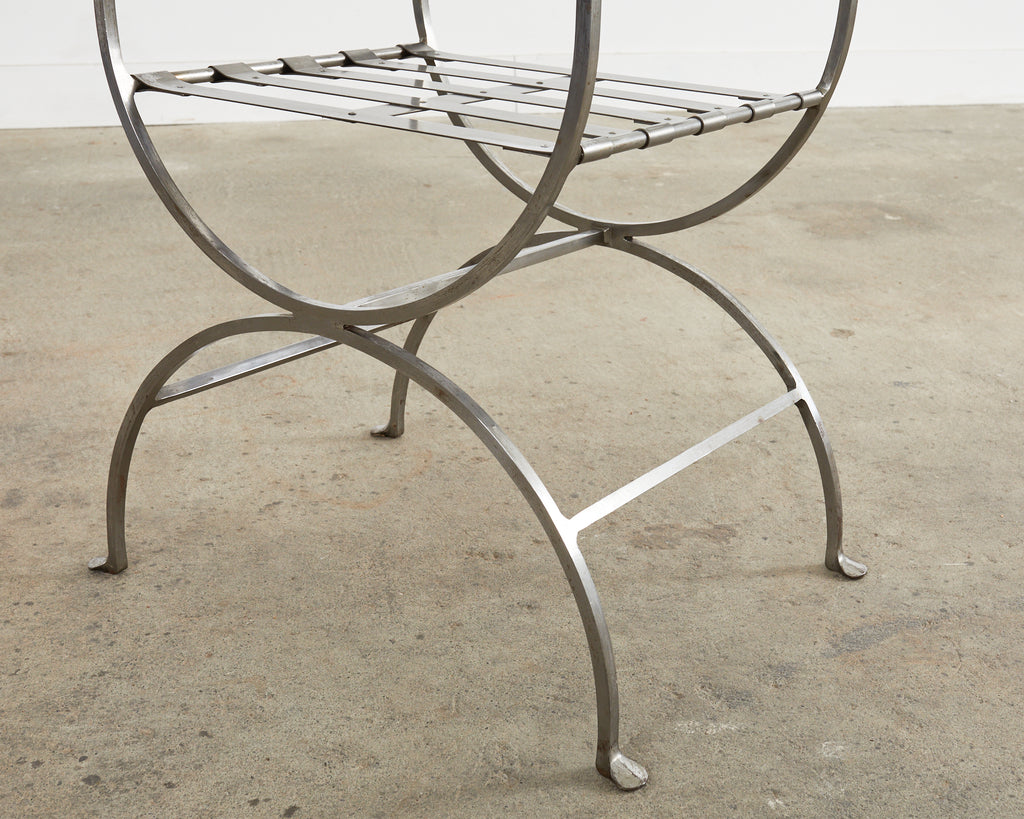 Pair of Neoclassical Style Steel Curule Garden Armchairs