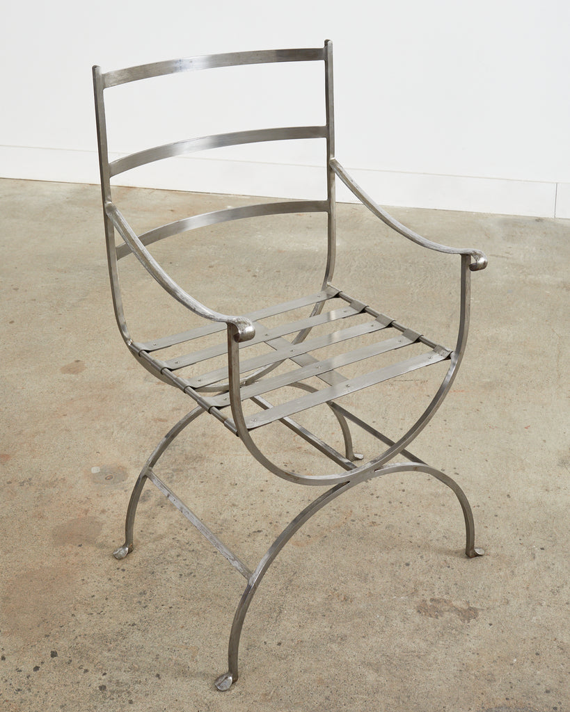 Pair of Neoclassical Style Steel Curule Garden Armchairs