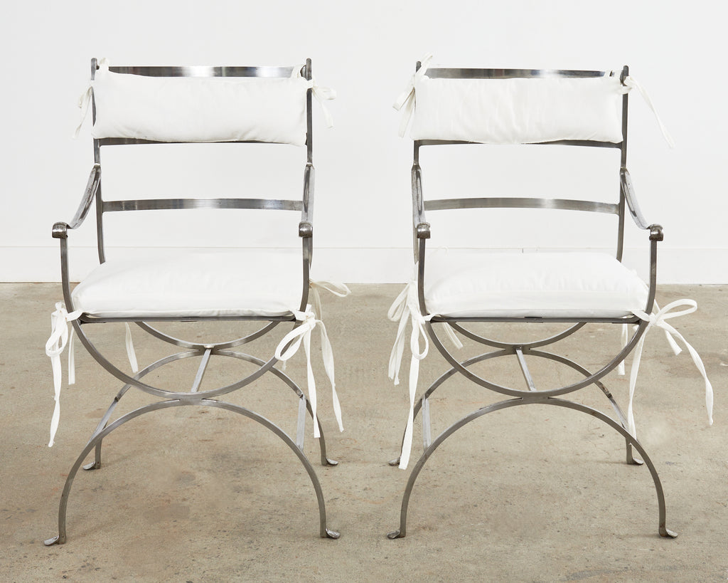 Pair of Neoclassical Style Steel Curule Garden Armchairs