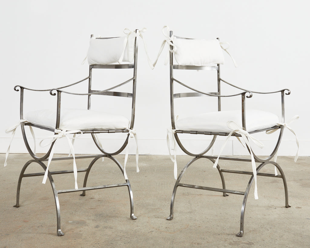 Pair of Neoclassical Style Steel Curule Garden Armchairs