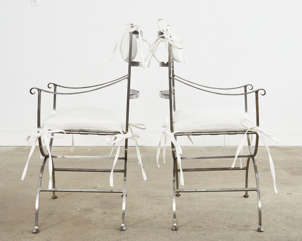 Pair of Neoclassical Style Steel Curule Garden Armchairs