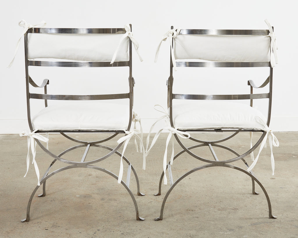 Pair of Neoclassical Style Steel Curule Garden Armchairs