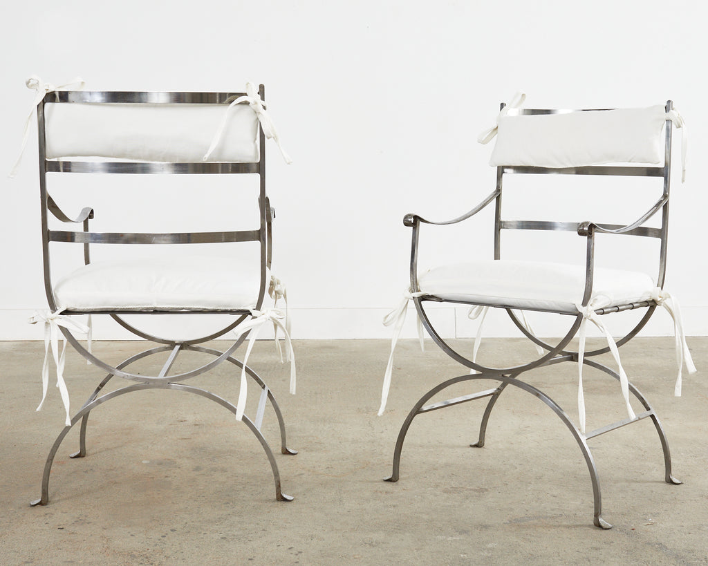 Pair of Neoclassical Style Steel Curule Garden Armchairs