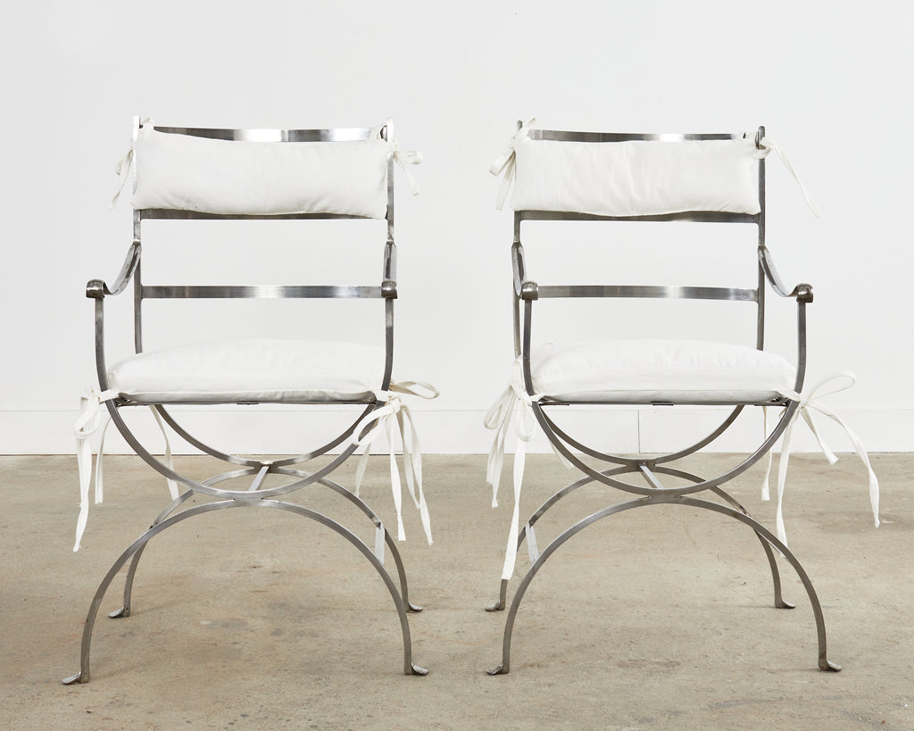 Pair of Neoclassical Style Steel Curule Garden Armchairs