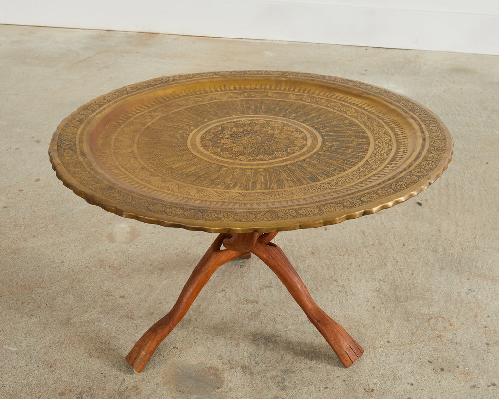 Moorish Brass Tray Table with Folding Hardwood Base