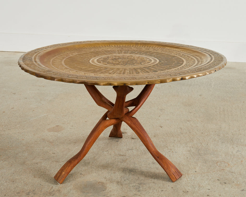 Moorish Brass Tray Table with Folding Hardwood Base