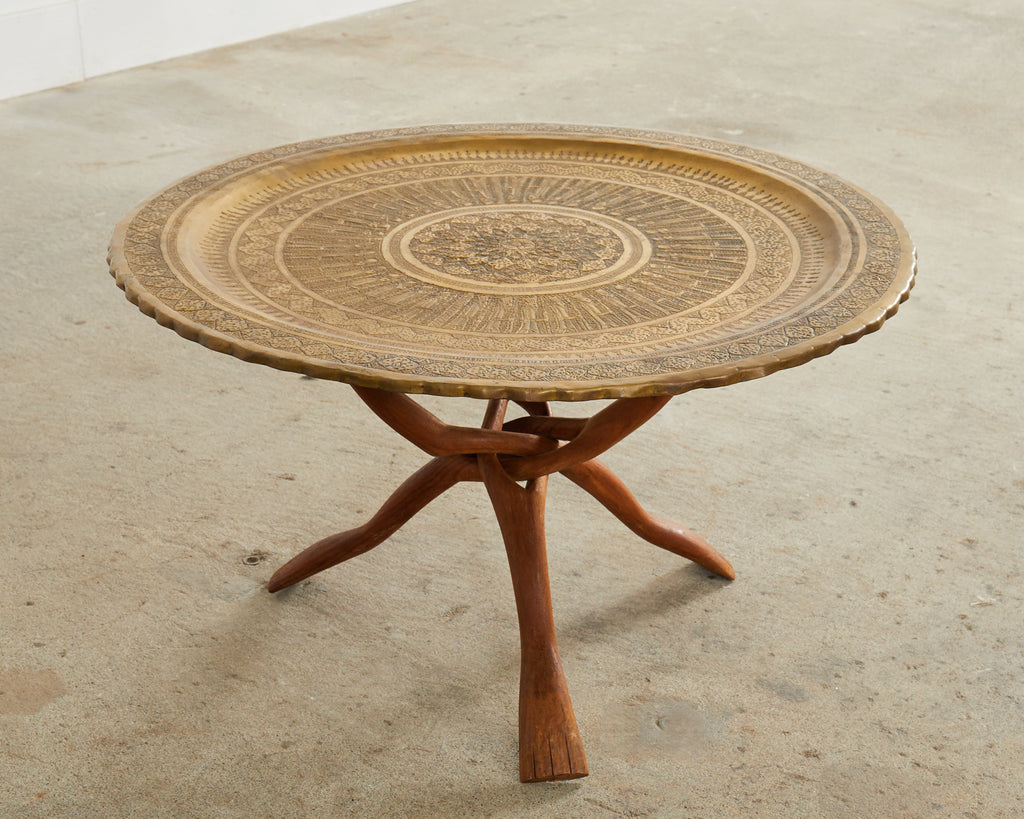 Moorish Brass Tray Table with Folding Hardwood Base