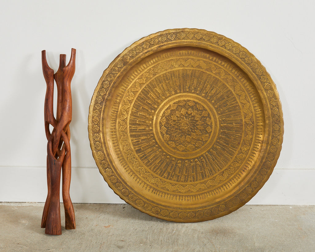 Moorish Brass Tray Table with Folding Hardwood Base