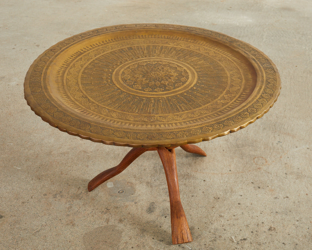 Moorish Brass Tray Table with Folding Hardwood Base