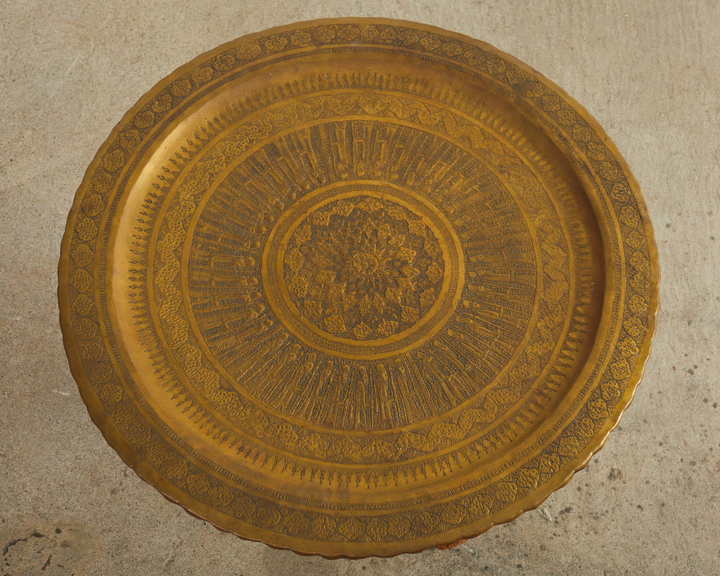 Moorish Brass Tray Table with Folding Hardwood Base