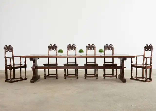 Set of Ten French Baroque Style Walnut Masked Dining Chairs