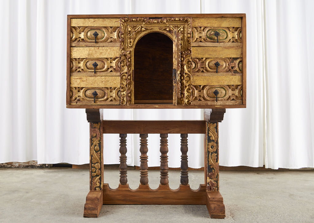 Spanish Baroque Bargueno Style Gilt Cabinet Chest on Stand