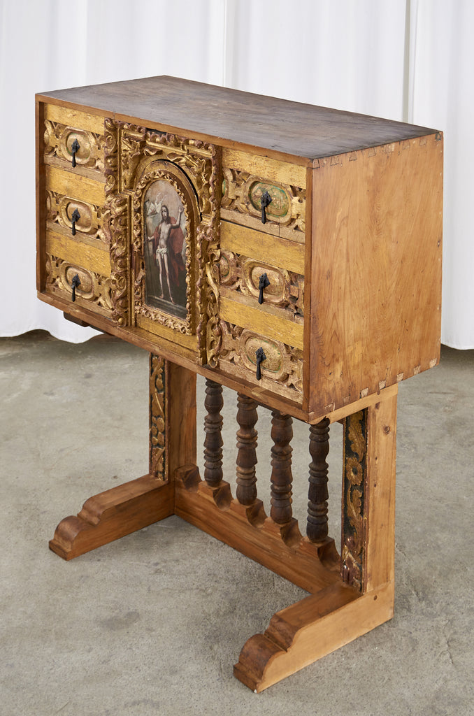 Spanish Baroque Bargueno Style Gilt Cabinet Chest on Stand