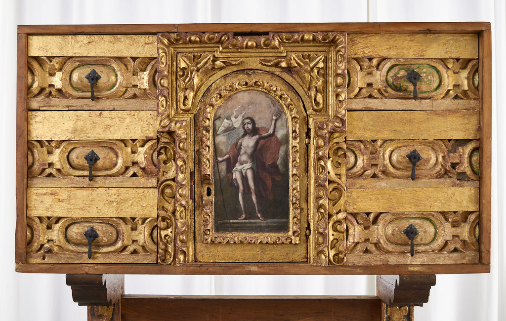 Spanish Baroque Bargueno Style Gilt Cabinet Chest on Stand