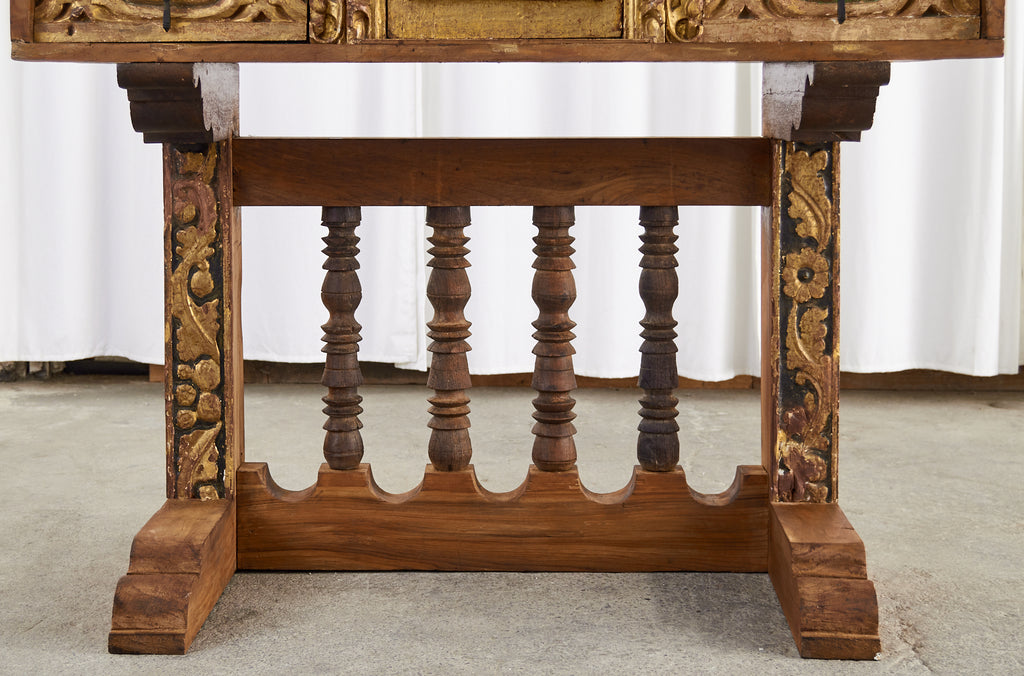 Spanish Baroque Bargueno Style Gilt Cabinet Chest on Stand