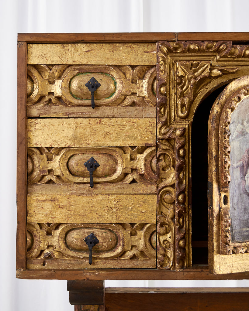 Spanish Baroque Bargueno Style Gilt Cabinet Chest on Stand