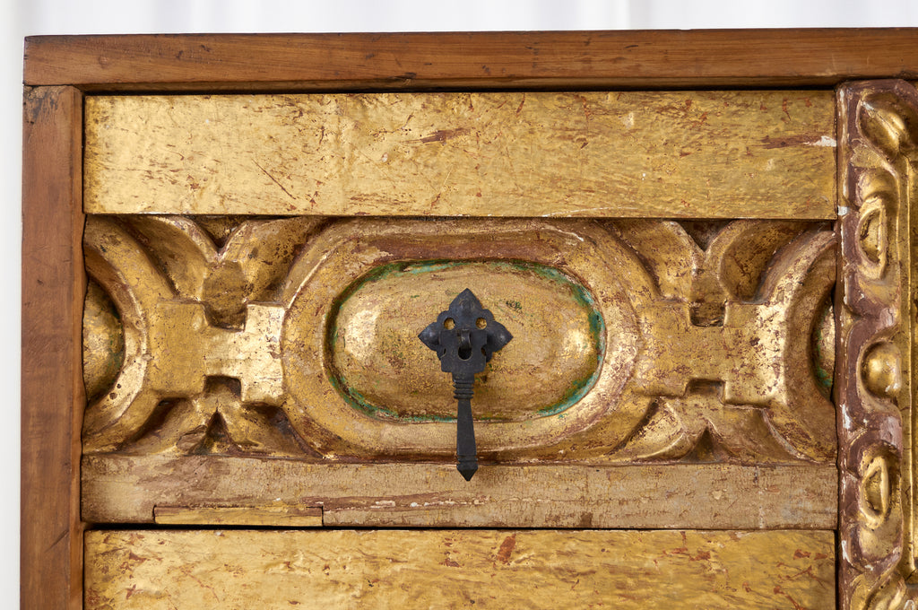Spanish Baroque Bargueno Style Gilt Cabinet Chest on Stand