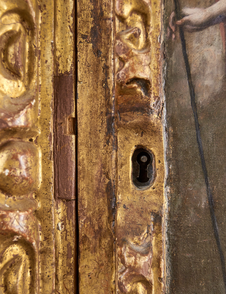 Spanish Baroque Bargueno Style Gilt Cabinet Chest on Stand