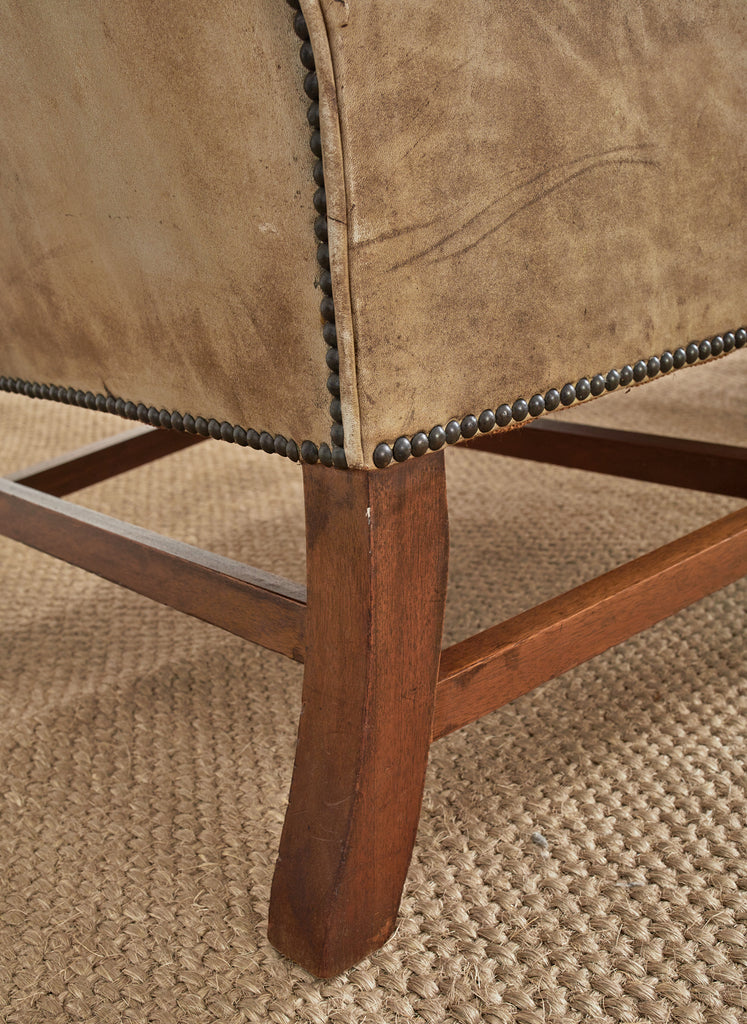 Pair of English Georgian Cigar Leather Wingback Library Chairs