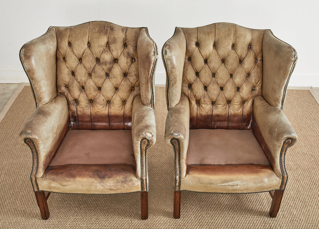 Pair of English Georgian Cigar Leather Wingback Library Chairs