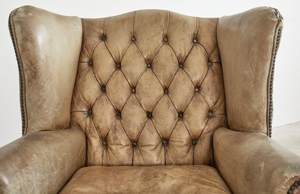 Pair of English Georgian Cigar Leather Wingback Library Chairs