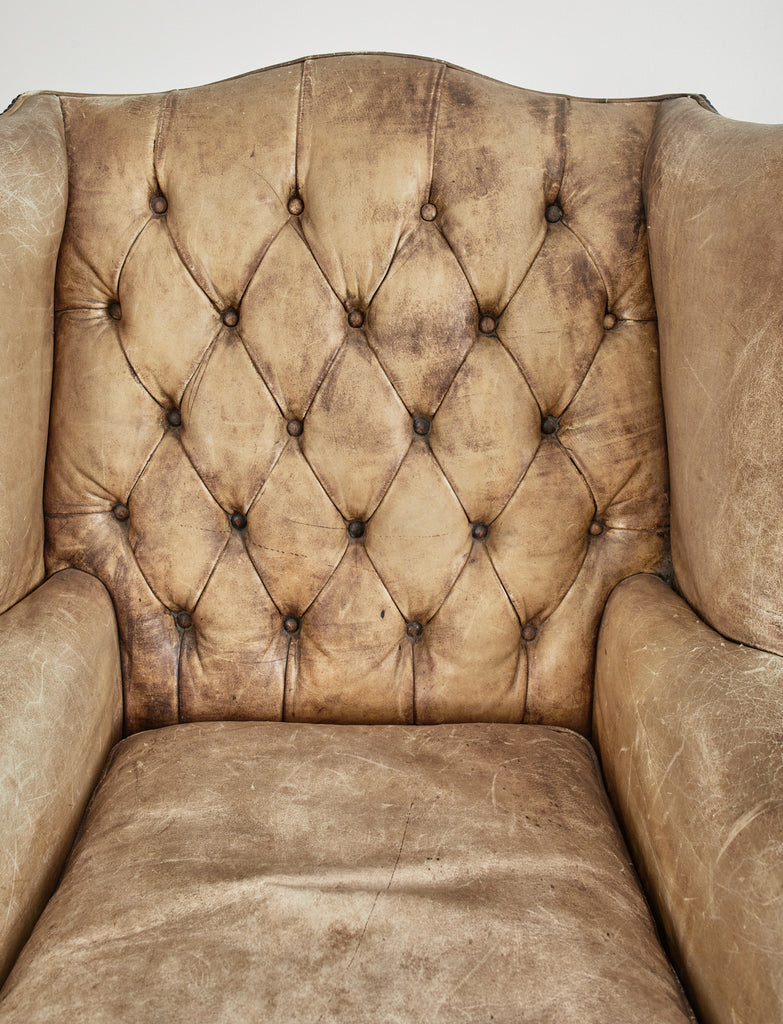 Pair of English Georgian Cigar Leather Wingback Library Chairs