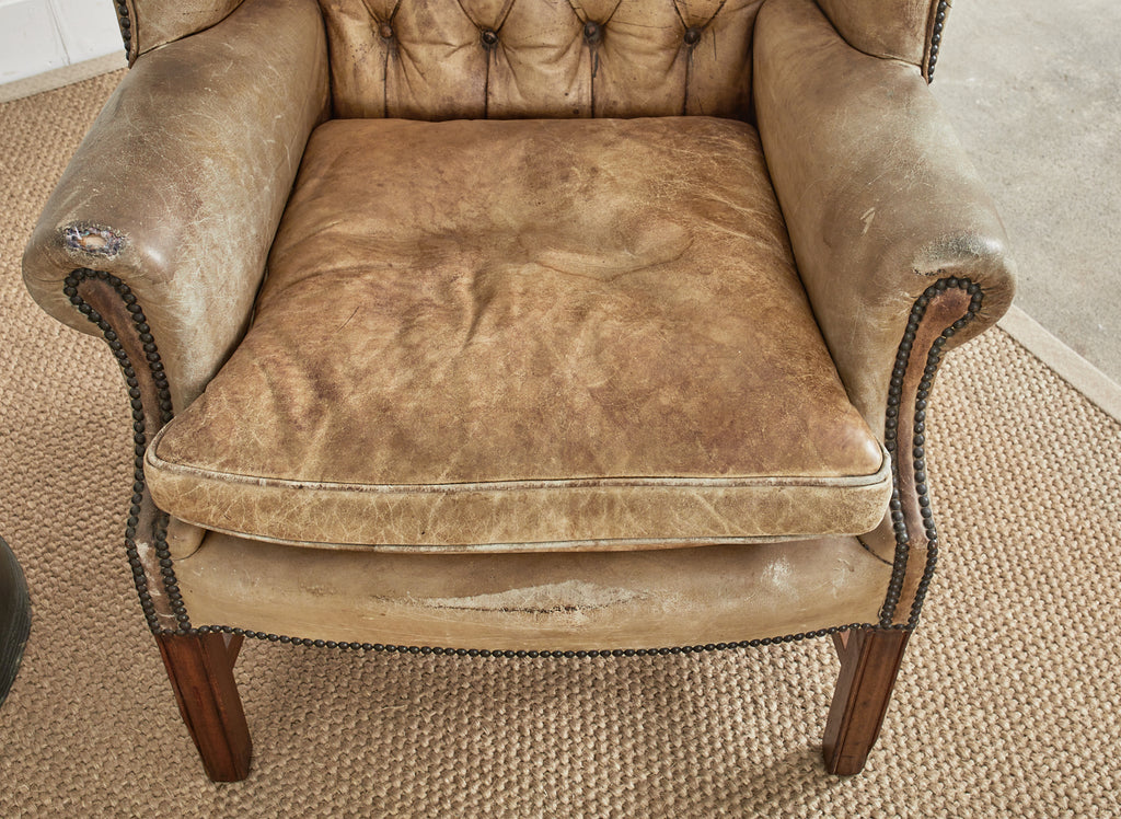 Pair of English Georgian Cigar Leather Wingback Library Chairs