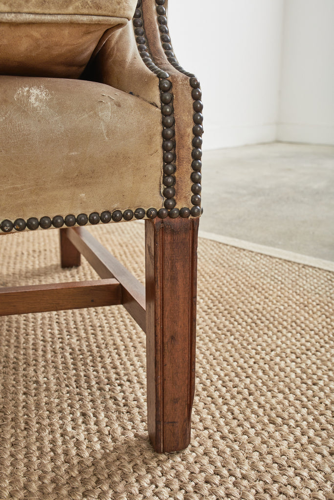 Pair of English Georgian Cigar Leather Wingback Library Chairs