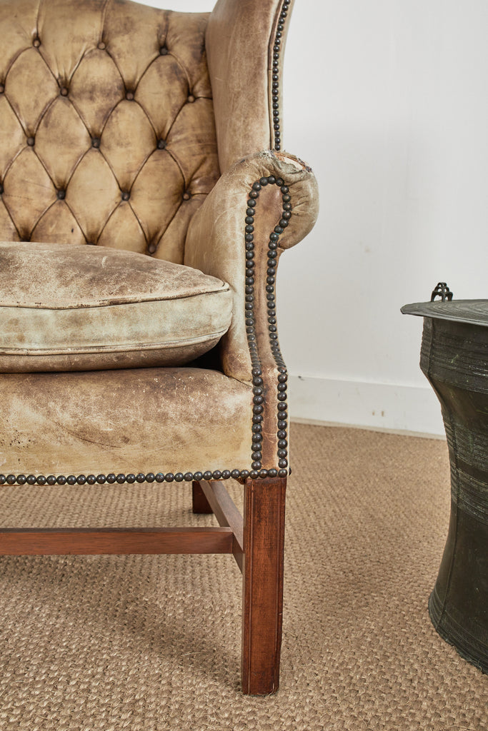 Pair of English Georgian Cigar Leather Wingback Library Chairs