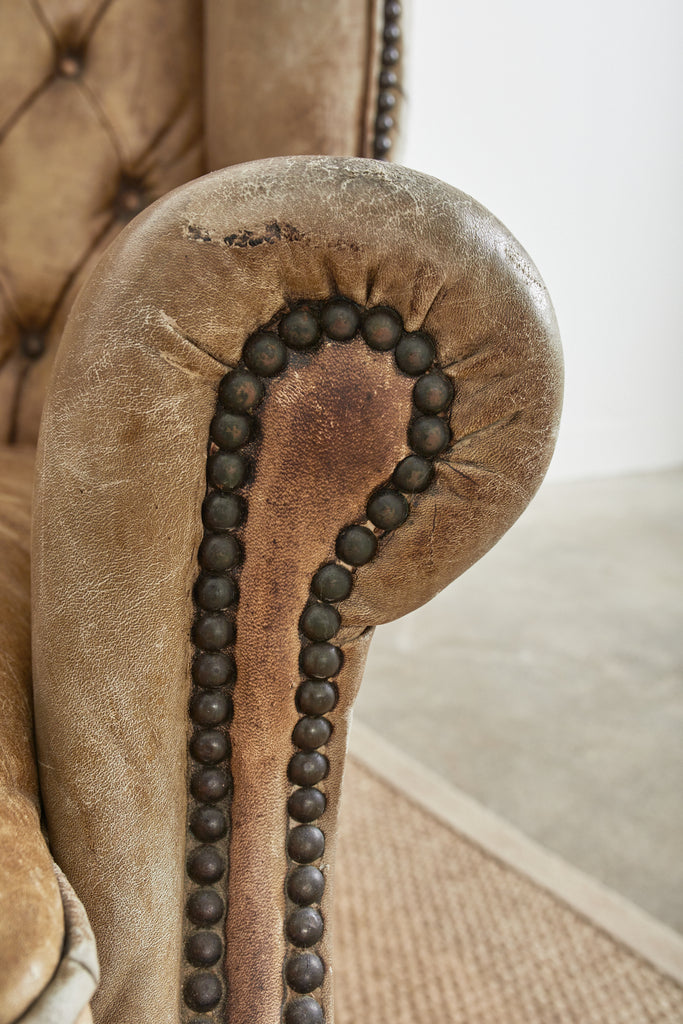 Pair of English Georgian Cigar Leather Wingback Library Chairs