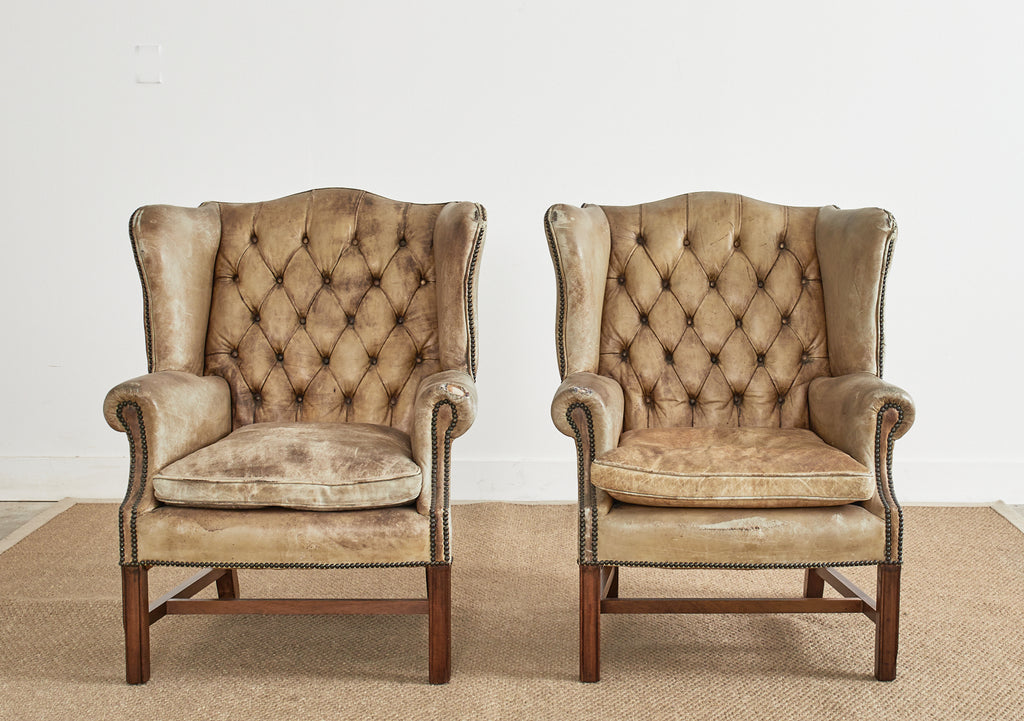 Pair of English Georgian Cigar Leather Wingback Library Chairs