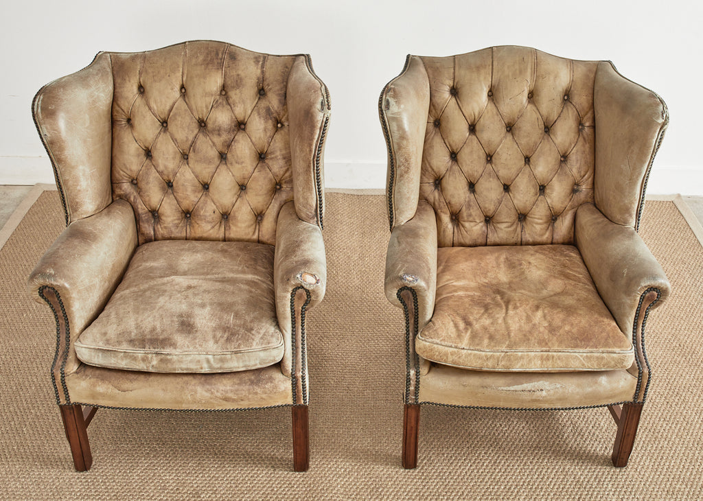 Pair of English Georgian Cigar Leather Wingback Library Chairs