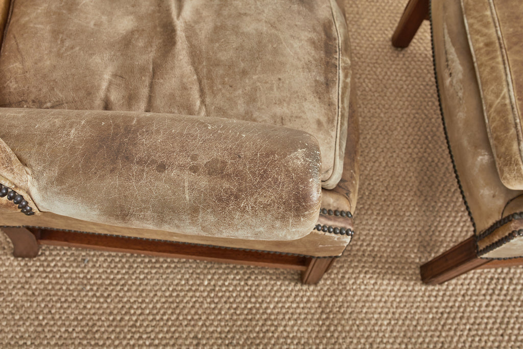 Pair of English Georgian Cigar Leather Wingback Library Chairs