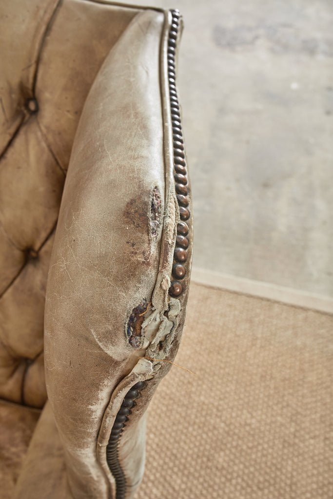 Pair of English Georgian Cigar Leather Wingback Library Chairs