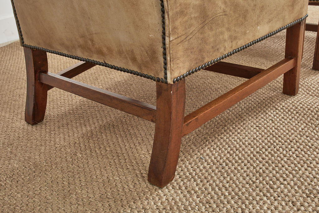 Pair of English Georgian Cigar Leather Wingback Library Chairs