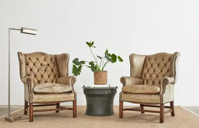 Pair of English Georgian Cigar Leather Wingback Library Chairs
