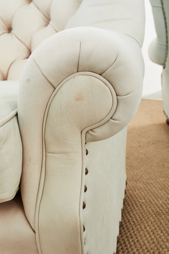 Pair of Ralph Lauren Attributed Leather Writers Wingback Chairs with Ottoman