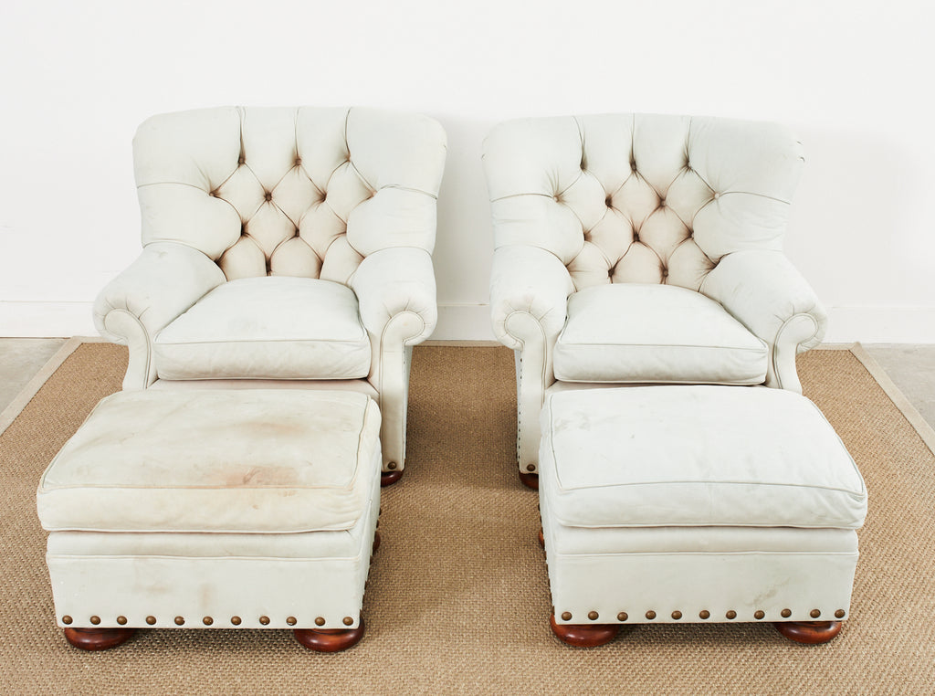 Pair of Ralph Lauren Attributed Leather Writers Wingback Chairs with Ottoman