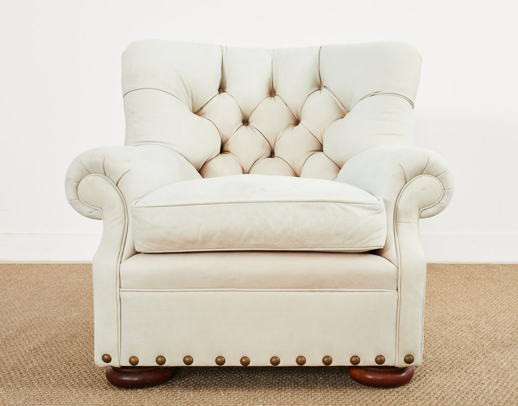 Pair of Ralph Lauren Attributed Leather Writers Wingback Chairs with Ottoman