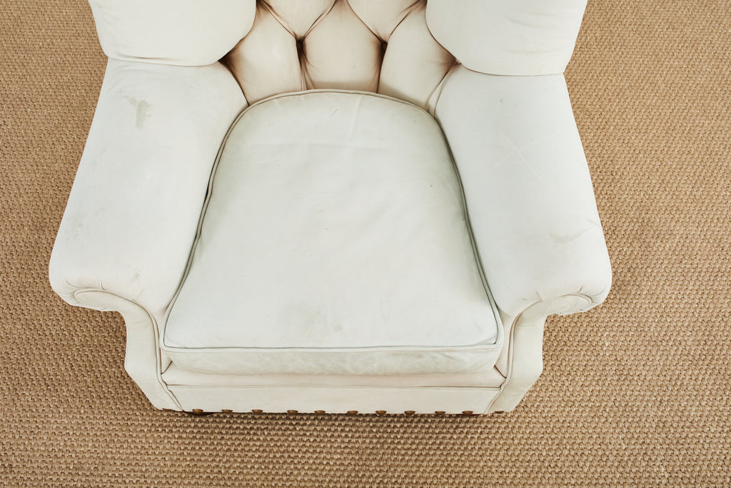 Pair of Ralph Lauren Attributed Leather Writers Wingback Chairs with Ottoman