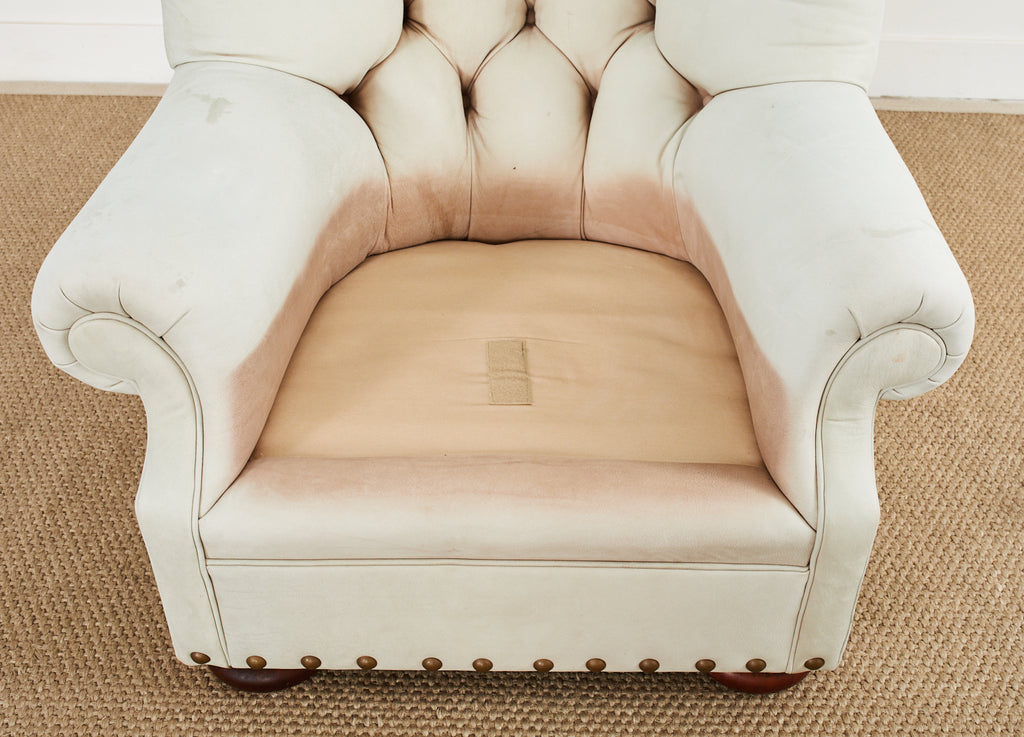 Pair of Ralph Lauren Attributed Leather Writers Wingback Chairs with Ottoman