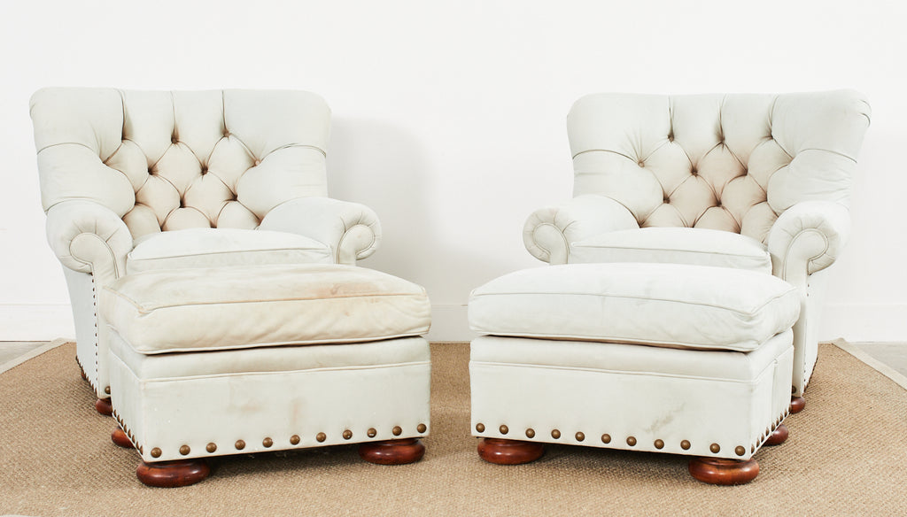 Pair of Ralph Lauren Attributed Leather Writers Wingback Chairs with Ottoman