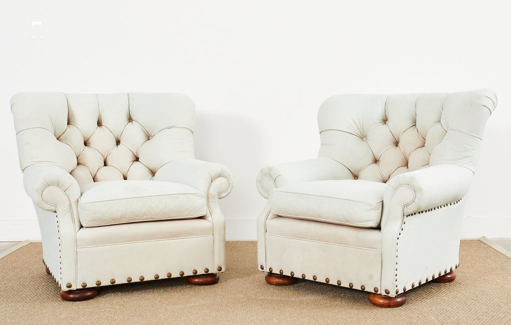 Pair of Ralph Lauren Attributed Leather Writers Wingback Chairs with Ottoman