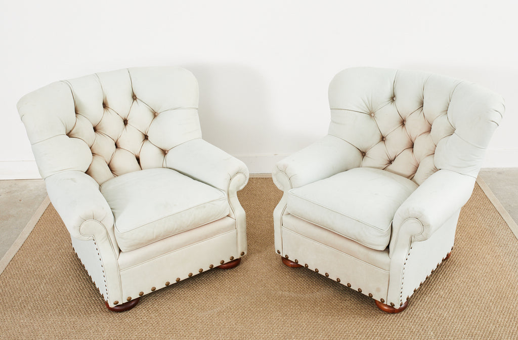 Pair of Ralph Lauren Attributed Leather Writers Wingback Chairs with Ottoman