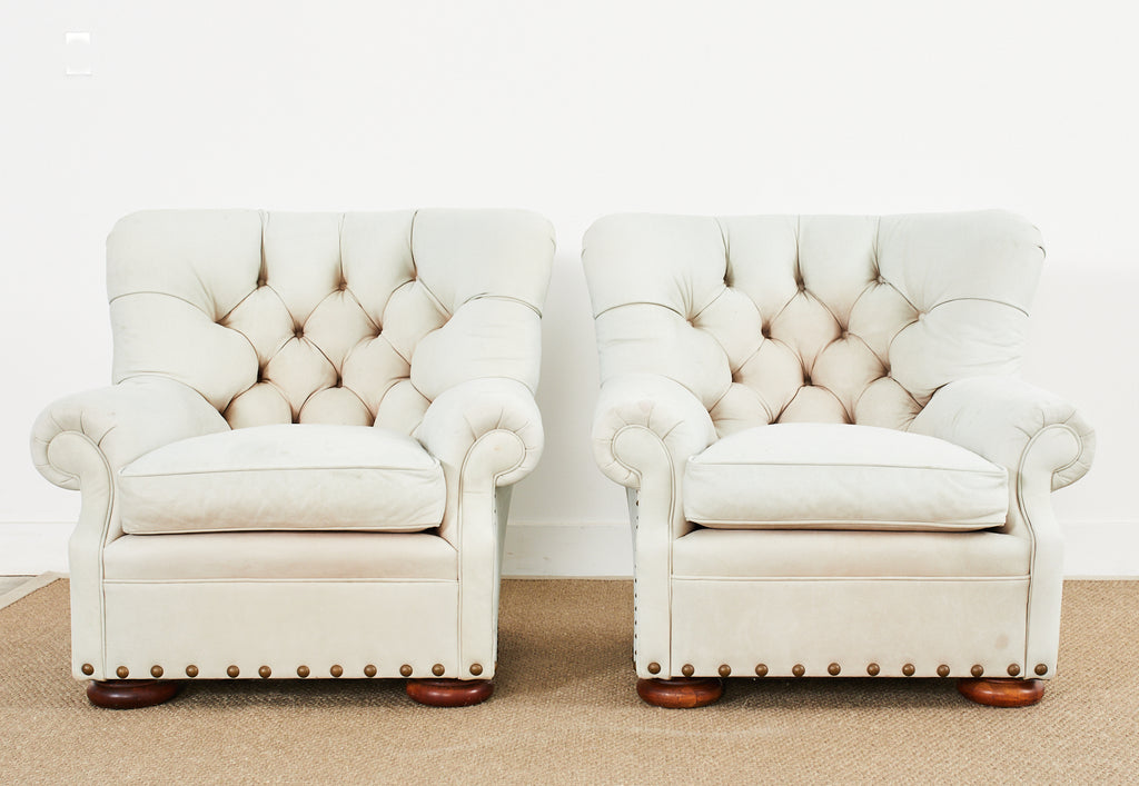 Pair of Ralph Lauren Attributed Leather Writers Wingback Chairs with Ottoman