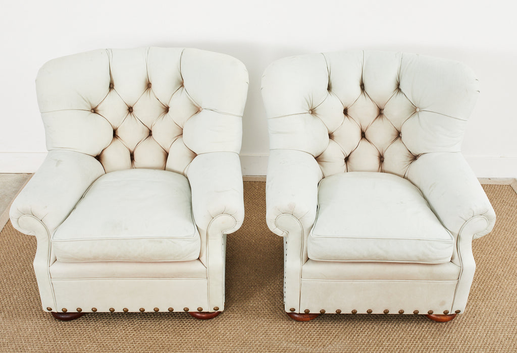 Pair of Ralph Lauren Attributed Leather Writers Wingback Chairs with Ottoman