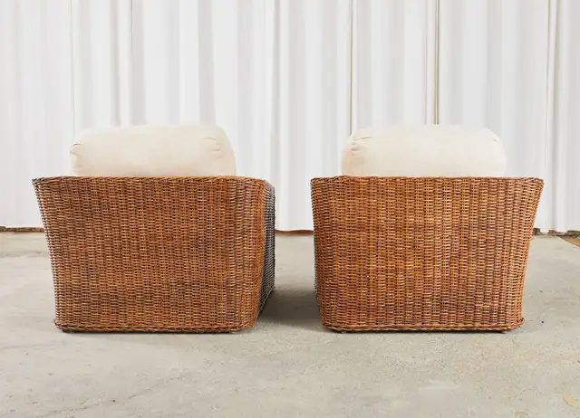 Pair of Michael Taylor Style Woven Rattan Wicker Lounge Chairs