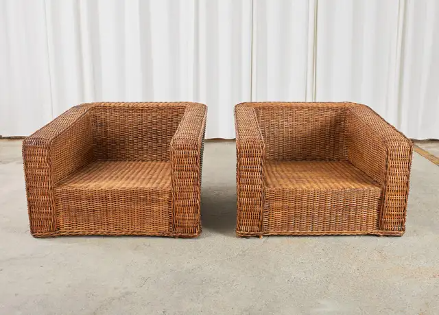 Pair of Michael Taylor Style Woven Rattan Wicker Lounge Chairs
