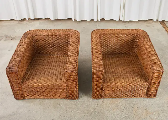 Pair of Michael Taylor Style Woven Rattan Wicker Lounge Chairs
