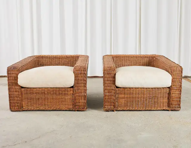 Pair of Michael Taylor Style Woven Rattan Wicker Lounge Chairs